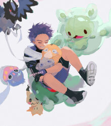 1boy black_footwear boku_no_hero_academia closed_eyes commentary corvisquire crossover english_commentary espurr gen_1_pokemon gen_5_pokemon gen_6_pokemon gen_7_pokemon gen_8_pokemon highres inkay male_focus mimikyu nintendo pokemon pokemon_(creature) psyduck purple_hair reuniclus sheepishs shinso_hitoshi shoes short_hair shorts simple_background smile white_background