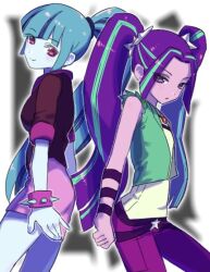 2girls aria_blaze aria_blaze_(human) arms_at_sides back-to-back bare_shoulders black_background blue_hair blue_skin blunt_ends blurry blurry_background border bracelet breasts brown_shirt ceitama_oppai closed_mouth colored_skin commentary_request cowboy_shot cropped_jacket fingernails gem green_hair green_jacket hair_ornament hair_tie high_ponytail jacket jewelry long_hair looking_at_viewer miniskirt multicolored_hair multiple_girls my_little_pony my_little_pony:_equestria_girls my_little_pony:_friendship_is_magic outline outside_border pants parted_bangs pencil_skirt pink_eyes pink_skin pink_skirt ponytail purple_eyes purple_hair purple_pants red_gemstone shirt short_sleeves simple_background skirt sleeveless sleeveless_jacket sleeveless_shirt small_breasts smile sonata_dusk sonata_dusk_(human) spiked_bracelet spikes standing star_(symbol) star_hair_ornament streaked_hair twintails two-tone_hair v-bangs very_long_hair white_border white_outline white_shirt