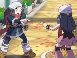 2girls akari_(pokemon) bag beanie black_hair dawn_(pokemon) flying_sweatdrops galaxy_expedition_team_survey_corps_uniform handbag hat headscarf highres hisuian_poke_ball holding holding_poke_ball juno_son meme multiple_girls nintendo open_mouth outdoors pantyhose parody pointing pointing_at_another pointing_spider-man_(meme) poke_ball pokemon pokemon_dppt pokemon_legends:_arceus pokemon_masters_ex ponytail satchel scarf surprised teeth thighhighs time_paradox upper_teeth_only white_headscarf