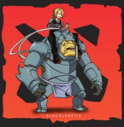 2boys ahoge alchemist_(dota) alphonse_elric alphonse_elric_(cosplay) armor armored_boots artist_name automail black_lunette black_pants black_tank_top blonde_hair boots brown_footwear carrying colored_skin commentary commission cosplay dota_(series) dota_2 edward_elric english_commentary fake_facial_hair fake_mustache full_armor full_body fullmetal_alchemist gauntlets highres leg_armor loincloth looking_at_viewer male_focus mechanical_arms multiple_boys name_connection open_mouth pants parted_bangs pauldrons piggyback short_hair shoulder_armor single_mechanical_arm tank_top yellow_skin