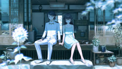 1boy 1girl absurdres aqua_dress architecture bare_arms bare_shoulders black_hair closed_eyes closed_mouth collarbone dandelion double_bun dress east_asian_architecture flower full_body hair_bun half_updo highres holding_hands kotatiyu long_hair military military_uniform nijisanji sandals short_dress shouji sidelocks sitting sleeveless sleeveless_dress sliding_doors smile spaghetti_strap sundress veranda virtual_youtuber yamagami_karuta