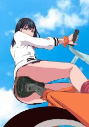 10s 1girl ass bicycle blue_sky bmx cloud day female_focus from_below gridman_universe highres looking_at_viewer miniskirt no_panties school_uniform seat sitting skirt sky solo ssss.gridman takarada_rikka