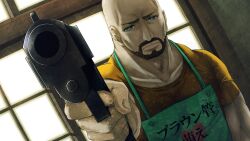Rule 34 | 1boy, adam&#039;s apple, aiming, aiming at viewer, apron, aqua eyes, architecture, bald, beard, beretta 92, biceps, black hair, collarbone, deltoids, dutch angle, east asian architecture, facial hair, finger on trigger, frown, furrowed brow, game cg, goatee, green eyes, gun, handgun, highres, holding, holding gun, holding weapon, huke, impossible clothes, indoors, large pectorals, looking at viewer, male focus, mature male, muscular, muscular male, non-web source, official art, pectoral cleavage, pectorals, ringed eyes, serious, shirt, short sleeves, shouji, sliding doors, solo, square pupils, standing, steins;gate, tennouji yuugo, text print, translation request, weapon, yellow shirt