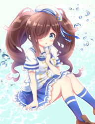 1girl :o aqua_background aqua_eyes arm_at_side ben_awa bloom blue_skirt blue_socks blue_trim blush braid breasts brown_hair brown_shoes bubble crown_braid frilled_sleeves frills gradient_background hair_over_one_eye hand_rest hand_up hat impossible_clothes impossible_shirt kiratto_pri_chan knees_together_feet_apart loafers long_hair medium_breasts nijinosaki_dia parted_lips pleated_skirt pretty_series sailor_hat shirt shoes short_sleeves sitting skirt socks solo tube_socks twintails wavy_hair white_background white_hat white_shirt