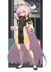 1girl absurdres ahoge armband black_dress black_jacket black_shoes border breasts china_dress chinese_clothes clenched_hand closed_mouth commentary covered_navel cropped_jacket dress english_commentary flats full_body hair_intakes highres huge_ahoge impossible_clothes jacket long_hair long_sleeves looking_at_viewer multicolored_jacket original outdoors pelvic_curtain petite pink_hair puffy_sleeves rikudo_yayoi sawtatsu shoes short_eyebrows sidelocks small_breasts solo standing thick_eyebrows thigh_strap very_long_hair white_background white_border white_jacket yellow_armband yellow_eyes yellow_jacket