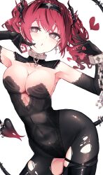 1girl absurdres armpits arms_up bare_shoulders black_gloves blunt_bangs blush breasts chain cleavage covered_navel cowboy_shot cross cross_earrings demon_girl demon_tail earrings elbow_gloves gloves hair_between_eyes heart heart-shaped_pupils highres jewelry long_hair looking_at_viewer medium_breasts navel original pantyhose piercing red_hair reizouko smile solo symbol-shaped_pupils tail tattoo thighs tongue tongue_out tongue_piercing torn_clothes torn_pantyhose twintails white_background