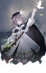 1girl aa_huaju_pifa_ma_zong absurdres arm_up bag bird bird_hair_ornament black_hat blue_eyes bow bowtie brown_bag brown_hair coat cowboy_shot dove dress falling_leaves flower flutterpage grey_sky hair_flower hair_ornament hat highres juliet_sleeves leaf lily_of_the_valley long_sleeves looking_at_animal looking_up mailbag official_alternate_costume overcast puffy_sleeves reverse:1999 short_twintails shoulder_bag sky solo twintails white_bird white_bow white_bowtie white_coat white_dress white_flower