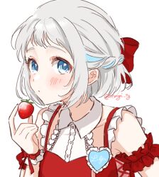 1girl arm_garter blue_eyes blue_ribbon blush bow braid collared_dress dress food fruit gakuen_idolmaster grey_hair hair_bow hair_ribbon half_up_braid heart holding holding_food holding_fruit idolmaster katsuragi_lilja looking_at_viewer looking_to_the_side nagi_7g name_tag red_bow red_dress ribbon ribbon_braid short_hair signature simple_background sleeveless sleeveless_dress solo strawberry white_background wrist_bow wrist_cuffs