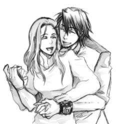 Rule 34 | 10s, 1boy, 1girl, bad id, bad pixiv id, bracelet, couple, facial hair, greyscale, holding hands, hetero, hug, hug from behind, jewelry, kaburagi t. kotetsu, kaburagi tomoe, kosanji55, monochrome, stubble, tiger &amp; bunny, turtleneck, vest, waistcoat, watch, wristwatch