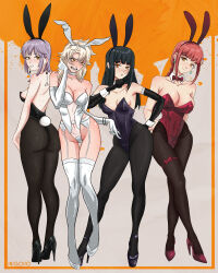 4girls animal_ears artist_name ass black_gloves black_hair black_leotard black_pantyhose black_shoes bow bowtie braid braided_ponytail breasts candy chainsaw_man cleavage closed_mouth collar contrapposto crossed_legs earrings elbow_gloves fake_animal_ears fami_(chainsaw_man) food full_body garter_belt garter_straps gloves grey_background high_heels highleg highleg_leotard highres inigoiio jewelry large_breasts leotard lollipop lollipop_in_mouth long_hair makima_(chainsaw_man) medium_breasts medium_hair mitaka_asa mole multiple_girls odd_one_out open_mouth orange_background orange_eyes pantyhose playboy_bunny purple_hair rabbit_ears rabbit_tail red_bow red_bowtie red_hair red_leotard red_shoes scar scar_on_face shoes smile standing standing_on_one_leg tail thigh_strap thighhighs traditional_bowtie white_collar white_garter_belt white_garter_straps white_gloves white_haired_girl_(chainsaw_man) white_leotard white_shoes white_thighhighs white_wrist_cuffs wrist_cuffs