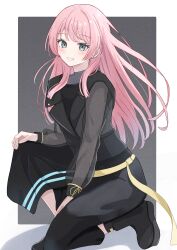 1girl absurdres bang_dream! bang_dream!_it&#039;s_mygo!!!!! beniyomogi black_boots black_shirt black_skirt blush boots border chihaya_anon clenched_teeth commentary full_body grey_background grey_eyes highres kneeling long_hair long_sleeves looking_at_viewer open_mouth outside_border pink_hair see-through_clothes see-through_sleeves shirt skirt smile solo teeth white_border