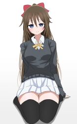 1girl alternate_legwear black_sweater black_thighhighs blue_eyes blush bow breasts brown_hair closed_mouth collared_shirt commentary dress_shirt hair_bow half_updo highres long_hair long_sleeves looking_at_viewer love_live! love_live!_nijigasaki_high_school_idol_club medium_breasts miniskirt neck_ribbon nijigasaki_school_uniform no_shoes osaka_shizuku pleated_skirt red_bow ribbon school_uniform shirt skirt smile solo split_mouth sweater tamagoroku thighhighs white_shirt white_skirt yellow_ribbon zettai_ryouiki