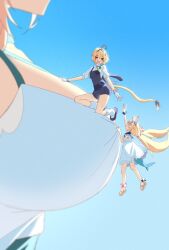 Rule 34 | 3girls, absurdres, ahoge, animal ears, black hair, blonde hair, blue bow, blue overalls, blue sky, bow, breasts, cat ears, climbing, day, dooby (vtuber), dress, fins, fish tail, giant, giantess, gloves, hair bow, highres, indie virtual youtuber, jerboa tail, large breasts, lifebuoy hair ornament, long hair, low twintails, multicolored hair, multiple girls, nimi nightmare, outdoors, overalls, pinstripe overalls, sailor dress, sameko saba, sandals, shirt, sky, tail, twintails, virtual youtuber, white dress, white gloves, white shirt, yubbiidraw