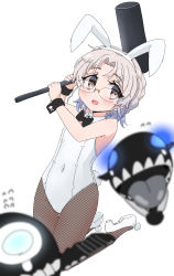 1girl absurdres abyssal_ship animal_ears black_bow black_bowtie black_pantyhose bow bowtie breasts brown_eyes covered_navel detached_collar enemy_aircraft_(kancolle) fake_animal_ears fake_tail fishnet_pantyhose fishnets full_body glasses grey_hair hairband highres hirato_(kancolle) junes kantai_collection kine leotard mallet pantyhose playboy_bunny rabbit_ears rabbit_tail shoes short_hair simple_background small_breasts solo strapless strapless_leotard tail wavy_hair white_background white_leotard white_shoes wing_collar wrist_cuffs