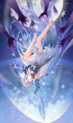 1girl absurdres atdan bare_legs barefoot blue_hair highres holding holding_sword holding_weapon honkai:_star_rail honkai_(series) ice jingliu_(honkai:_star_rail) long_hair red_eyes skirt sword thighs weapon