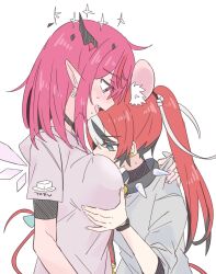 Rule 34 | 2girls, animal ears, between breasts, black hat, blue eyes, blush, breasts, collar, commentary request, ear blush, earrings, energy wings, face between breasts, grabbing another&#039;s breast, grey shirt, groping, hakos baelz, hat, head between breasts, highres, hololive, hololive english, hood, hoodie, horns, irys (hololive), jewelry, large breasts, medium hair, mouse ears, mouse girl, mouse tail, multicolored hair, multiple girls, open mouth, pink eyes, pink hair, purple hoodie, ramphastostella, red hair, shirt, simple background, spiked collar, spikes, streaked hair, sweat, sweatdrop, tail, white background, white hair, yuri