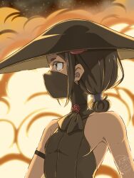 Rule 34 | 1girl, artist logo, black hair, commentary, english commentary, explosion, fire, flat chest, from side, grey eyes, hair bun, hat, logo, mask, mouth mask, ninja, ninja mask, princess principal, rolfyramc, sidelocks, solo, toudou chise, upper body