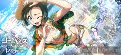 Rule 34 | 1girl, bikini, black hair, blue eyes, code geass, code geass: lost stories, code geass: soubou no oz, hat, highres, sherpaz, short shorts, shorts, smile, sokkia, swimsuit, water drop