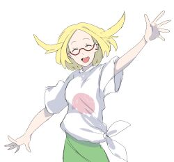 1girl absurdres bianca_(pokemon) blonde_hair character_print creatures_(company) game_freak gen_5_pokemon glasses highres munna nintendo open_mouth pokemon pokemon_bw2 red-framed_eyewear shirt simple_background smile solo tied_shirt vousser white_background