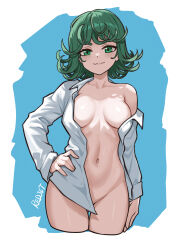 Rule 34 | 1girl, absurdres, bottomless, breasts, cowboy shot, cropped legs, curly hair, green eyes, green hair, highres, looking at viewer, naked shirt, one-punch man, open clothes, open shirt, redjet, shirt, short hair, simple background, single bare shoulder, small breasts, solo, standing, tatsumaki