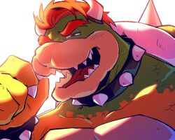 1boy bara blush bowser bracelet claws collar fangs furry furry_male highres jewelry looking_at_viewer mario_(series) nintendo open_mouth pectorals red_hair smile spiked_bracelet spiked_collar spiked_shell spikes yowasabimechaoc