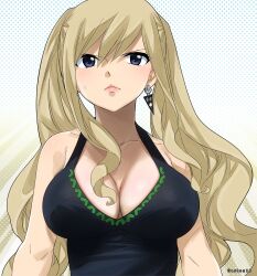 1girl artist_name black_tank_top blonde_hair blue_eyes breasts cleavage earrings eden&#039;s_zero gaston18 highres jewelry large_breasts long_hair rebecca_bluegarden solo tank_top upper_body