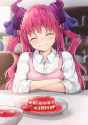 1girl alternate_costume apron arm_support bad_food bad_id bad_pixiv_id blood blurry blurry_background blush bowl closed_eyes closed_mouth collared_shirt commentary_request curled_horns depth_of_field elizabeth_bathory_(fate) elizabeth_bathory_(fate/extra) eyeball facing_viewer fang fang_out fate/grand_order fate_(series) female_focus flower food head_tilt horns indoors inora long_hair meat pink_apron pink_hair plate pointy_ears revision shelf shirt sidelocks sleeves_rolled_up smile solo soup table tongue two_side_up upper_body vase wavy_hair white_shirt wing_collar