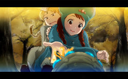 Rule 34 | 71 (nanaichi drafting), aged down, brown eyes, brown hair, commentary request, creature, forest, hat, jewelry, kaze no tani no nausicaa, kushana, long hair, multiple girls, nature, nausicaa, necklace, open mouth, smile, studio ghibli