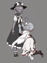 Rule 34 | 2girls, alien, angel wings, bare arms, black footwear, black hat, black skirt, black vest, bolos, bow, clothes grab, collared vest, commentary, eyeball, feathered wings, frilled shirt, frilled skirt, frilled sleeves, frills, full body, grey background, hand up, hat, hat bow, kneeling, long skirt, looking at another, mai (touhou), mary janes, monsterification, multiple girls, neckerchief, one-eyed, open mouth, pinstripe pattern, pinstripe shirt, pleated skirt, puffy short sleeves, puffy sleeves, shirt, shirt grab, shoes, short sleeves, simple background, skirt, skirt set, smile, socks, standing, tentacles, touhou, touhou (pc-98), vest, white bow, white footwear, white neckerchief, white shirt, white skirt, white socks, white wings, wings, yellow eyes, yuki (touhou), yuri