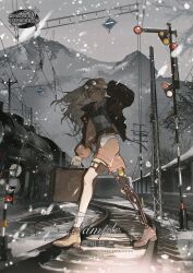 1girl akihare bag commission grey_hair handbag highres long_hair mountain original pouch prosthesis prosthetic_leg railroad_tracks red_eyes snowing thigh_strap train walking