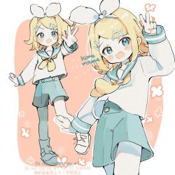 1girl =_hair_ornament aged_down alternate_costume aqua_eyes aqua_sailor_collar aqua_shorts arm_up blonde_hair blush_stickers border bow child commentary_request dousanmai full_body hair_bow hair_ornament hairband hairclip highres kagamine_rin leg_up long_sleeves looking_at_viewer multiple_views neckerchief open_mouth orange_background sailor_collar school_uniform shirt short_hair shorts simple_background smile v vocaloid w watermark white_border white_bow white_hairband white_shirt x_hair_ornament yellow_neckerchief