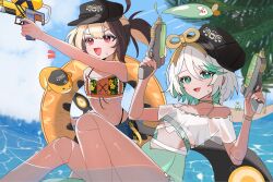 2girls absurdres ahoge beach bikini black_hat black_panties blonde_hair blue_sky brown_hair cecilia_immergreen cloud colored_inner_hair crop_top doll_joints dual_wielding flat_chest gigi_murin green_eyes green_hair green_streaks grem_(gigi_murin) grey_hair hana20000920 hat highleg highleg_panties highres holding holding_water_gun hololive hololive_english innertube joints long_hair looking_at_viewer multicolored_hair multiple_girls ocean open_mouth otomo_(cecilia_immergreen) palm_tree panties panty_straps partially_submerged pink_eyes short_hair short_shorts shorts sky smile streaked_hair string_panties swim_ring swimsuit tail tree twintails two-tone_hair underwear virtual_youtuber water water_gun white_hair winding_key