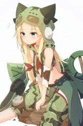 Rule 34 | 1girl, bare shoulders, between legs, blonde hair, blue eyes, brown shoes, camouflage, camouflage pants, closed mouth, commentary request, coreytaiyo, crop top, cropped jacket, feet out of frame, green hat, green jacket, green pants, hand between legs, hat, highres, hood, hood down, hooded jacket, jacket, knee pads, long hair, midriff, monster hunter (series), monster hunter wilds, navel, pants, puffy pants, shoes, simple background, sitting, sleeveless, sleeveless jacket, solo, very long hair, white background
