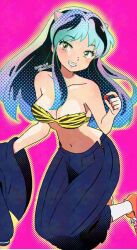01angelegg 1girl animal_print bikini blue_skirt breasts cleavage collarbone cone_horns fangs food fruit fur_bikini green_hair holding holding_unworn_clothes horns long_hair long_skirt looking_at_viewer looking_up lum medium_breasts midriff navel pleated_skirt print_bikini school_uniform serafuku skirt small_horns smile solo strapless strapless_bikini swimsuit tiger_print umeboshi urusei_yatsura yellow_bikini yellow_horns