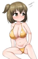 absurdres bikini breasts brown_eyes brown_hair gold_bikini highres hiryuu_(kancolle) kantai_collection large_breasts looking_to_the_side maru_(marg0613) one-hour_drawing_challenge one_side_up oppai_loli short_hair simple_background sitting swimsuit white_background