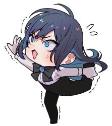Rule 34 | 1girl, ado (utaite), black hair, black pants, blue eyes, blue hair, chando (ado), colored inner hair, commentary request, gloves, long hair, multicolored hair, open mouth, pants, riseno, shirt, simple background, solo, standing, standing on one leg, stretching, sweatdrop, trembling, utaite, white background, white gloves, white shirt