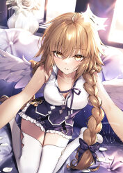 1girl absurdres angel_wings blonde_hair blue_dress blush braid braided_ponytail breasts cleavage dress fate/grand_order fate_(series) feathered_wings halo hane_yuki highres jeanne_d&#039;arc_(fate) large_breasts long_hair looking_at_viewer metatron_jeanne_(fate) metatron_jeanne_(first_ascension)_(fate) parted_lips shirt sleeveless sleeveless_shirt solo thighhighs thighs very_long_hair white_shirt white_thighhighs wings yellow_eyes