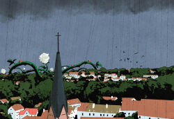building church cloud cloudy_sky cross flower iida_kento no_humans original rain rose scenery simple_bird sky tree urban white_flower white_rose