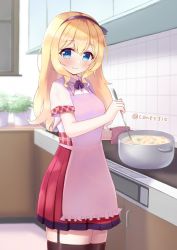 1girl apron azur_lane blonde_hair blue_eyes blush breasts commentary_request commission conet510 cooking garter_straps gloves hairband high-waist_skirt highres kitchen leander_(azur_lane) leander_(retrofit)_(azur_lane) long_hair looking_at_viewer plaid_trim pleated_skirt pot puffy_short_sleeves puffy_sleeves retrofit_(azur_lane) shirt short_sleeves skeb_commission skirt smile solo stove thighhighs twitter_username white_shirt