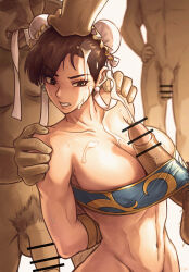 1girl 3boys absurdres arms_behind_back bandeau bandeau_pull bar_censor bracelet breasts brown_eyes brown_hair bun_cover capcom censored chun-li clothes_pull cum cum_on_body cum_on_breasts cum_on_upper_body double_bun ejaculation facial gang_rape hair_bun hand_on_another&#039;s_head handsfree_paizuri highres jewelry large_breasts multiple_boys muscular muscular_female paizuri paizuri_under_clothes penis rape strapless street_fighter ttf tube_top