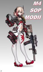 1girl alternate_costume artist_name assault_rifle black_bodysuit bodysuit character_charm character_name charm_(object) clothes_writing clothing_cutout commentary commission english_commentary finger_on_trigger full_body girls&#039;_frontline gradient_background grey_background gun headgear highres holding holding_gun holding_weapon kuroinu9 light_brown_hair looking_at_viewer m4_carbine m4_sopmod_ii_(girls&#039;_frontline) m4_sopmod_ii_jr magazine_(weapon) multicolored_hair open_mouth rail_(weapon) red_eyes red_hair rifle scope second-party_source short_hair_with_long_locks smile solo stomach_cutout streaked_hair suppressor teeth two-tone_bodysuit upper_teeth_only vertical_forward_grip weapon weapon_name white_background white_bodysuit