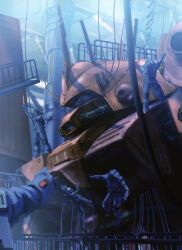 astronaut cable concept_art gundam gundam_perfect_file hangar machinery marasai mecha mobile_suit multiple_boys official_art radio_antenna realistic robot scan science_fiction titans_(gundam) traditional_media zeta_gundam