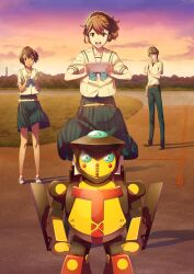 1boy 2girls absurdres adjusting_eyewear bad_tag bare_legs belt black_hair blue_bow blue_skirt blue_stripes bob_cut bow breasts brown_eyes brown_hair brown_shoes chest_bow chuo_tanegashima_high_school_uniform clenched_hands clothes_lift cloud cloudy_sky cropped_shirt daitoku_junna dark-skinned_female dark_skin floating_clothes fukuda_tomonori full_body game_cg glasses grass grey_eyes hair_between_eyes hidaka_subaru high-waist_skirt high_ponytail highres holding holding_tablet_pc loafers looking_at_viewer multiple_girls non-web_source official_art orange_sky orange_theme outdoors pink_shoes pleated_skirt ponytail ponytail_with_braided_base purple_sky robot robotics;notes sailor_collar school_uniform senomiya_akiho shirt shoes short_hair short_sleeves skirt skirt_lift sky small_breasts smile sneakers socks spread_legs sunset tablet_pc tanegashimachine-3 tree twilight v-shaped_eyebrows white_sailor_collar white_shirt white_socks worries