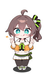 1girl :q absurdres ahoge black_pantyhose blue_eyes blush brown_hair chibi commentary_request double_v full_body hair_ribbon heart highres hololive kani_bonara long_hair looking_at_viewer natsuiro_matsuri natsuiro_matsuri_(1st_costume) navel pantyhose pleated_skirt ribbon side_ponytail simple_background skirt solo standing stomach tongue tongue_out v virtual_youtuber white_background white_skirt