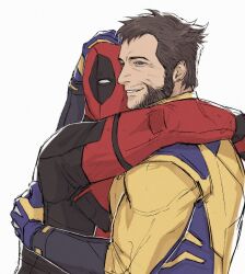 2boys arm_around_neck beard black_gloves blue_gloves bodysuit brown_hair commentary_request couple deadpool deadpool_&amp;_wolverine deadpool_(series) facial_hair gloves gyeleul hand_on_another&#039;s_head headpat highres hug korean_commentary male_focus marvel marvel_cinematic_universe mask multiple_boys muscular muscular_male mutual_hug photo-referenced red_bodysuit red_mask short_hair simple_background smile superhero_costume two-tone_bodysuit white_background wolverine_(x-men) x-men yaoi yellow_bodysuit