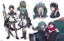 Rule 34 | 2girls, absurdres, animal bag, apron, artist name, bear bag, black dress, breasts, circular saw, closed eyes, commentary, corin wickes, couch, cuffs, dress, ellen joe, english commentary, fins, fish tail, full body, green hair, hair between eyes, highres, holding, holding weapon, hoyofair, long hair, looking at viewer, maid, maid apron, maid headdress, megane98, mole, mole under eye, multiple girls, multiple views, notice lines, on couch, puffy short sleeves, puffy sleeves, purple eyes, red eyes, saw, scissors, screw hair ornament, shark girl, shark tail, short sleeves, sleeping, tail, twintails, weapon, zenless zone zero