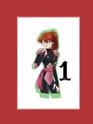 1girl :p amondetauro black_bodysuit blue_eyes bodysuit breasts cosplay cropped_legs highres inuyasha neon_genesis_evangelion one_eye_closed ponytail sango_(inuyasha) sango_(inuyasha)_(cosplay) shoulder_guard small_breasts solo souryuu_asuka_langley tongue tongue_out