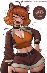 1girl ahoge animal_ears breasts brown_shorts cleavage closed_mouth collar crop_top english_text fang fur-trimmed_shorts fur_trim hand_on_own_hip highres marvel marvel_rivals midriff navel open_mouth orange_tank_top short_hair short_shorts shorts simple_background smug solo speech_bubble squirrel_ears squirrel_girl squirrel_girl_(marvel) squirrel_tail tail tank_top whisperfoot white_background