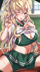 1girl blonde_hair bra breasts clothes_lift green_bra green_shorts green_skirt grey_eyes hair_between_eyes hair_ornament hairclip highres kantai_collection large_breasts lifting_own_clothes long_hair miniskirt minneapolis_(kancolle) minneapolis_(tennis)_(kancolle) navel official_alternate_costume one_eye_closed pleated_skirt polo_shirt roku_(roku28) shirt shirt_lift shorts shorts_under_skirt skirt smile sportswear tennis_uniform tongue tongue_out two_side_up underwear v very_long_hair wavy_hair white_shirt