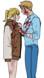 1boy 1girl bandaged_hand bandages bare_legs blonde_hair blood blood_on_clothes blood_on_face blue_skirt brown_jacket bruise bruise_on_leg chocytd covering_with_clothes denim eye_contact from_side high_ponytail highres holding hooker_(hotline_miami) hotline_miami injury jacket jacket_(hotline_miami) jacket_on_shoulders jeans letterman_jacket looking_at_another pants ponytail short_hair simple_background skirt white_background
